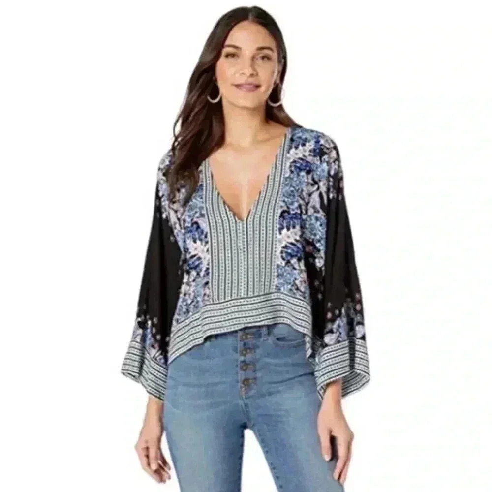 Free People Top Womens S Black Mix N Match Floral Striped Crop Kimono Sleeves